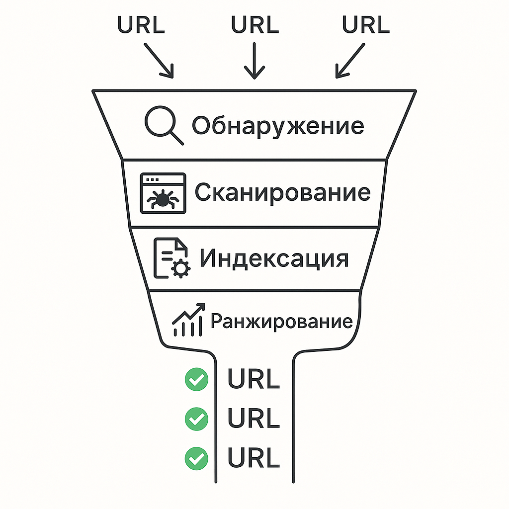Схема процесса попадания страниц сайта в индекс поисковой системы.
