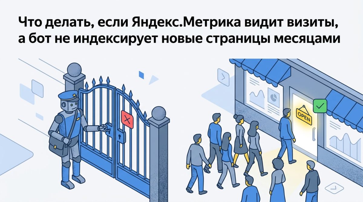 Робот-почтальон у закрытой калитки рядом с людной витриной — новые страницы не индексируются в Яндексе, хотя Метрика видит визиты