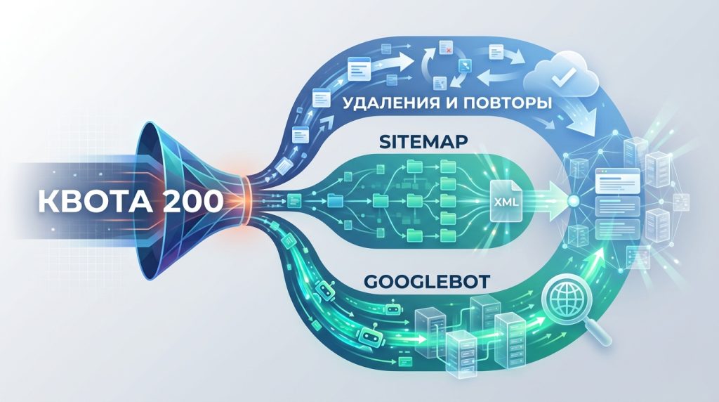 Схема: лимит Google Indexing API в 200 запросов уходит на удаления, повторы и ошибки, остаток URL — в sitemap и к Googlebot
